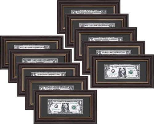 Miniatura 12 de Marco de billetes de dólar de 4 x 9 con paspartú, soporte de caballete para colgar de mesa o anillo en D, montaje en pared (negro/plateado, 1 unidad)