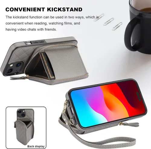 Miniatura 5 de Bocasal Funda tipo cartera con bandolera para iPhone 13, de cuero PU con bloqueo RFID, con cierre de cremallera, cartera tipo bolso con función Gris