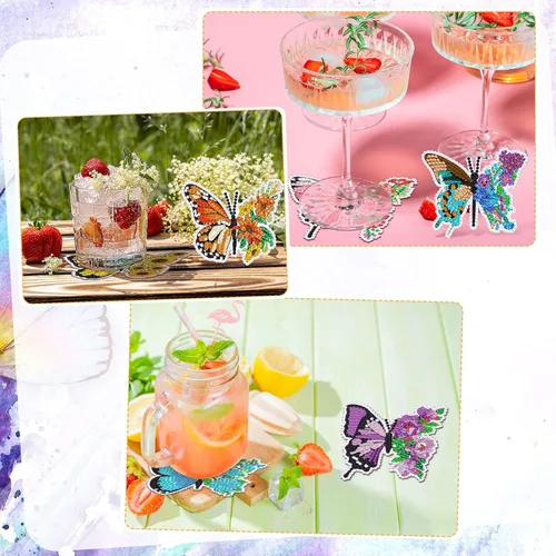 Miniatura 6 de Shellwei 8 posavasos de pintura de diamante de mariposa con soporte, kit de pintura de diamante de mariposa de primavera, posavasos coloridos