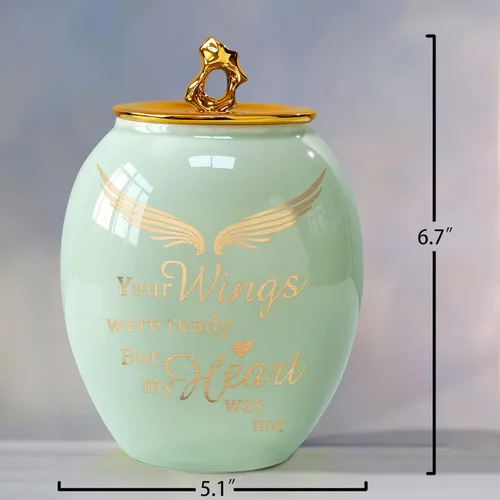 Miniatura 2 de Urna de cremación mediana verde para cenizas humanas adulto macho hembra Angel Ceramic Urn for Ashes Men Women Dad Mom,Memorial Urn with Velvet