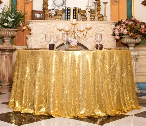 Miniatura 6 de SquarePie Mantel de lentejuelas redondo dorado de 90 pulgadas brillante para bodas, cumpleaños, fiestas, Navidad