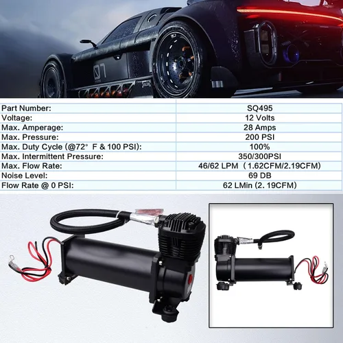 Miniatura 8 de Compresor de aire ultra silencioso, 1/4 NPT, súper silencioso, 69 dB, 12 V, compresor de suspensión de aire de 300 PSI para tren/camión/coche, negro