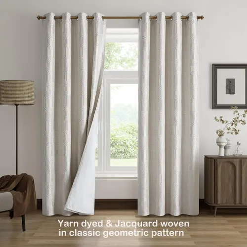 Miniatura 2 de Cortinas de patrón geométrico jacquard 100% opacas beige y plateado, 2 paneles de 52 pulgadas de ancho y 63 pulgadas de largo, con aislamiento