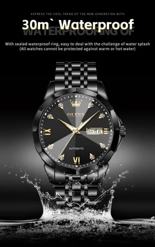 Miniatura 6 de OLEVS Reloj de pulsera automático con diseño de esqueleto para hombre, de lujo, con diamantes de lujo, de acero inoxidable, calendario, reloj