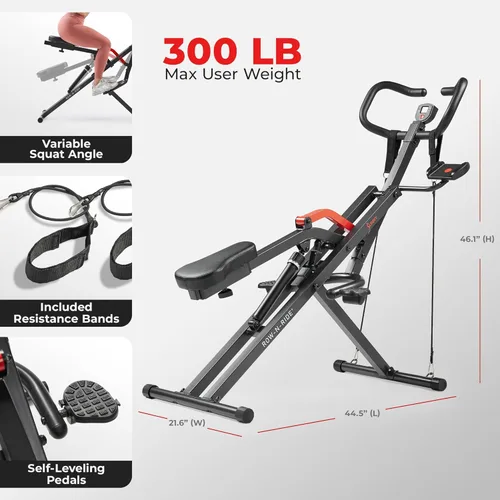 Miniatura 6 de Sunny Health & Fitness Row-N-Ride PRO, máquina de sentadillas completa para todo el cuerpo con banda de resistencia opcional, fácil de instalar