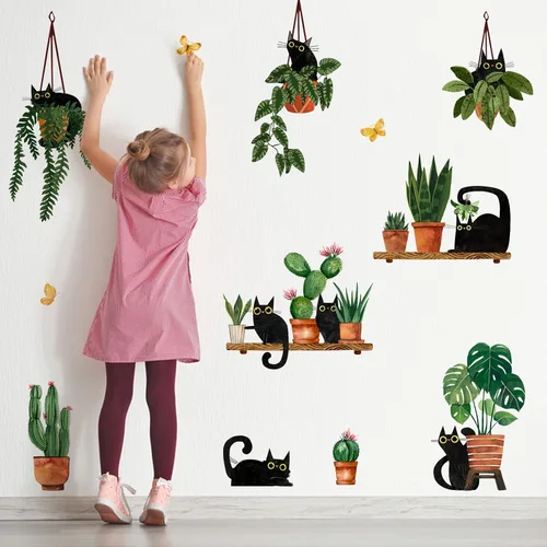 Miniatura 3 de Yovkky Calcomanías de pared de plantas en maceta de gatos negros, caricaturas, gatito, bonsái, guardería, sala de juegos, decoración de cactus