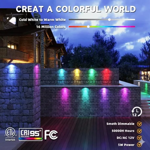 Miniatura 3 de Kaqur - Paquete de 8 luces de pared de contención de 7 pulgadas, 5 W, BT RGBCW, control de aplicación, iluminación de paisaje duro, IP65, luces
