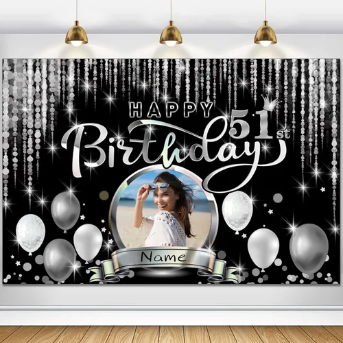 Miniatura 58 de Cartel de decoración de feliz cumpleaños número 100 personalizado - Personalización disponible - Negro y plateado - Tamaño grande - Admite fotos