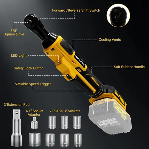 Miniatura 7 de Llave de trinquete inalámbrica de 3/8 pulgadas para batería DEWALT 20V MAX, kit de herramienta de trinquete eléctrico de potencia 45 pies/libras