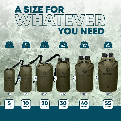 Earth Pak Bolsa seca impermeable - Mochila impermeable con parte superior enrollable (verde bosque, 55L y 20L)