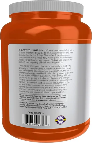 Miniatura 3 de NOW Sports Nutrition, Polvo de Creatina Micronizada 500 g, Construcción de Masa*/Producción de Energía*, 1 kg.