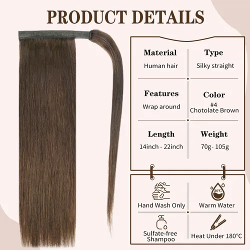 Miniatura 2 de Extensión de cola de caballo de cabello humano #4 marrón chocolate 100% Remy, extensión de cola de caballo recta envolvente alrededor de colas