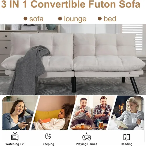 Miniatura 4 de Sofá cama futón, sofá futón plegable convertible, sofá pequeño transpirable para estudio compacto en sala de estar y dormitorio, oficinas, sofá Beige