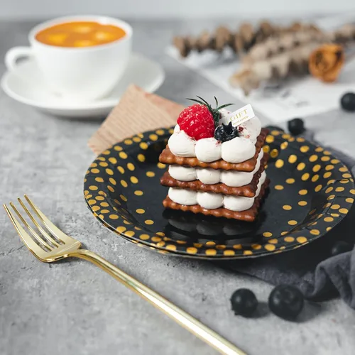 Miniatura 6 de Lullaby 200 piezas de platos de papel negros, plato de papel negro y dorado, 100 piezas de platos de cena de 9", 100 piezas de platos de postre