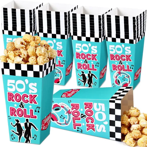 Watersay Paquete de 24 cajas de palomitas de maíz Rock and Roll de los años 50, decoraciones de fiesta de los años 50, caja de aperitivos retro de