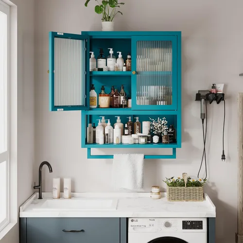 Miniatura 4 de Armario de pared de baño con 2 puertas de vidrio, botiquín de baño con barra de toallas y estantes, gabinete de almacenamiento sobre el inodoro