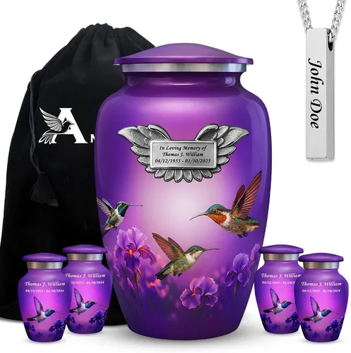 Miniatura 18 de Juego de 6 urnas funerarias decorativas de colibrí para cenizas de adultos hombres y mujeres, incluye 1 urna grande con 4 urnas conmemorativas