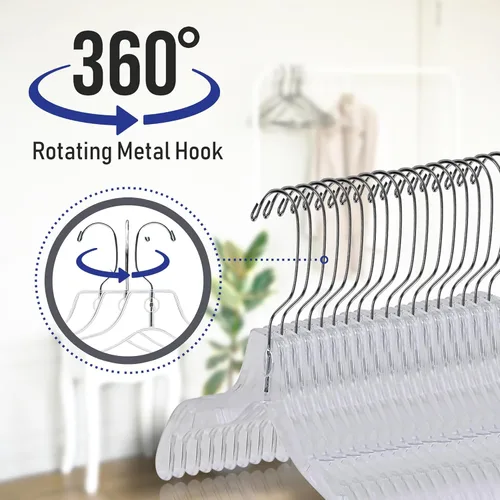 Miniatura 4 de Paquete de 25 perchas de plástico de 17 pulgadas, perchas transparentes para ropa, plástico resistente, perchas para adultos con ganchos giratorios