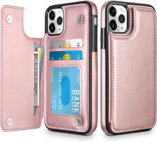 Miniatura 8 de HianDier Funda para iPhone 11 Pro con tarjetero para mujeres y hombres, funda protectora de piel sintética con función atril, cierre magnético, a
