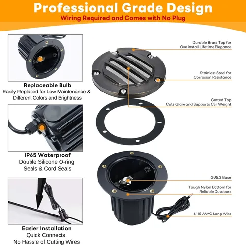 Miniatura 6 de Gardenreet Luces de Pozo de Bajo Voltaje para Exteriores - Latón 12V Bombilla LED Reemplazable Iluminación Empotrada en el Suelo, Accesorio de Tapa