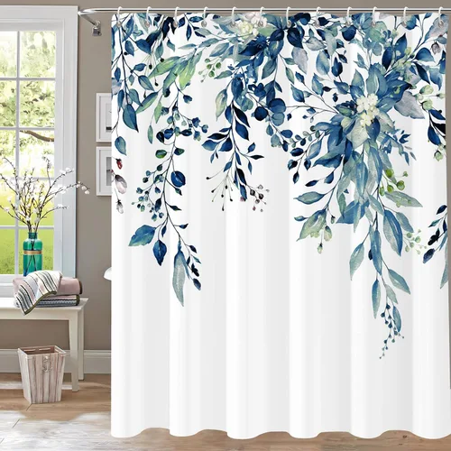 Miniatura 10 de Cortina de ducha, cortinas de eucalipto púrpura para baño, cortinas de baño con hojas en acuarela lavables, impermeables, juego de cortinas de hojas