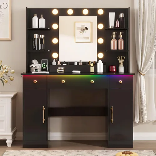 HUANLEGO Escritorio de tocador con espejo y luces, tocador de maquillaje con espejo y luces LED y toma de corriente, 3 cajones y armarios, 3 modos