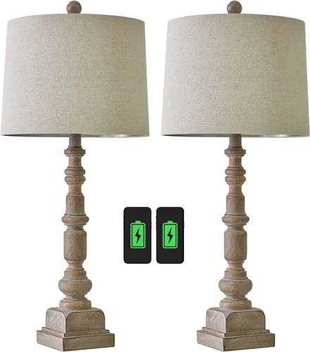 Miniatura 8 de Oneach Juego de 2 lámparas de mesa USB vintage de 27.75 pulgadas para sala de estar, dormitorio, lámpara tradicional de mesita de noche con doble