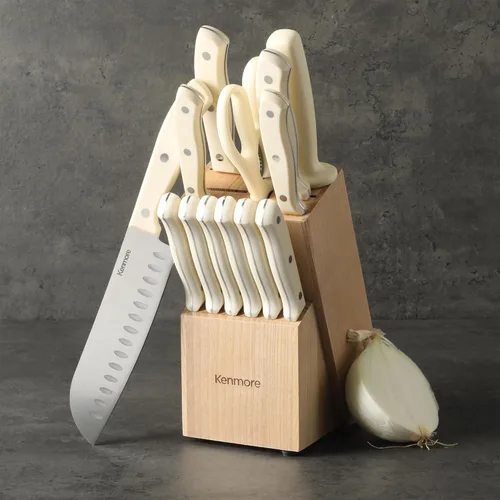 Miniatura 6 de Kenmore Kane - Juego de 14 cuchillos de cocina de acero inoxidable, asas ABS de triple remache, blanco crema, para chef, pan, utilidad, pelar