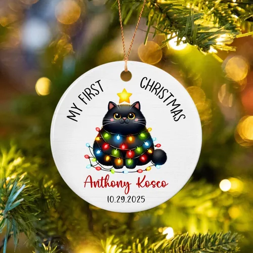 Miniatura 4 de Adornos de cerámica personalizados con texto en inglés «My First Christmas», bonito adorno de Navidad de gato para bebés, niños, primer recuerdo