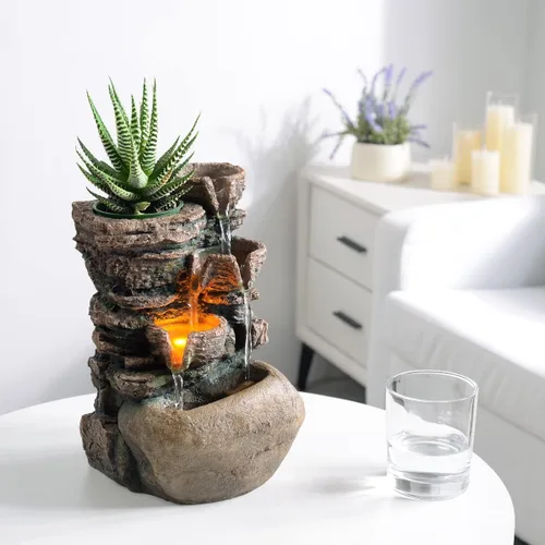 Miniatura 4 de Haobos Fuente interior de 4 tazones Rockery con sonido calmante para decoración de hogar y oficina con una pequeña maceta de plástico para cultivar
