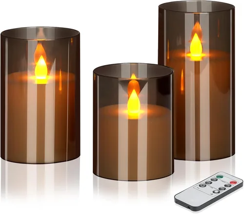 Wemarry - Juego de 3 velas LED sin llama con control remoto, funcionamiento a pilas, pilares acrílicos grises de 4, 5 y 6 pulgadas de alto x 3