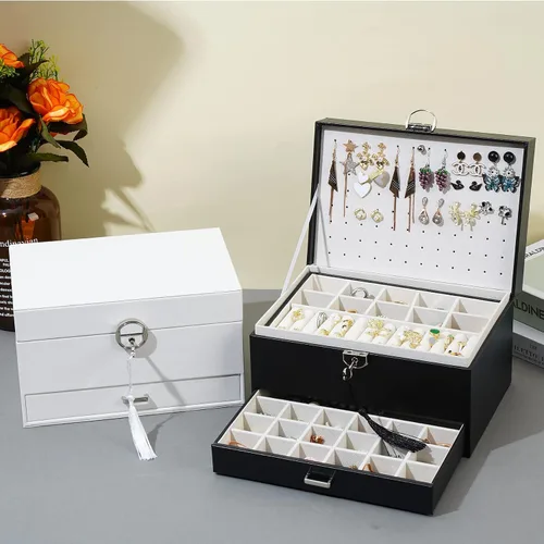 Miniatura 6 de BOOVO Joyero de aretes para mujer y niña, organizador de aretes de 5 capas, caja organizadora de joyas con cerradura para aretes, organizador