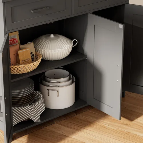 Miniatura 9 de Homhedy Aparador de buffet, gabinete de almacenamiento de barra de café con cajones y puertas, armario de cocina de granja con estantes ajustables