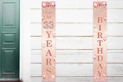 Miniatura 4 de Cartel de oro rosa con texto en inglés «Happy Birthday» «Cheers to 33 años», globos de confeti para decoración temática de confeti para puerta