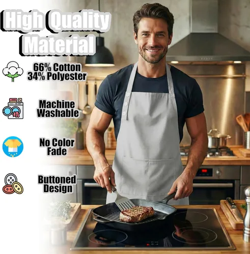 Miniatura 3 de TOSHE Delantal de cocina de algodón resistente a las gotas de agua con delantal ajustable para mujeres con bolsillos, 10 opciones de color, delantal