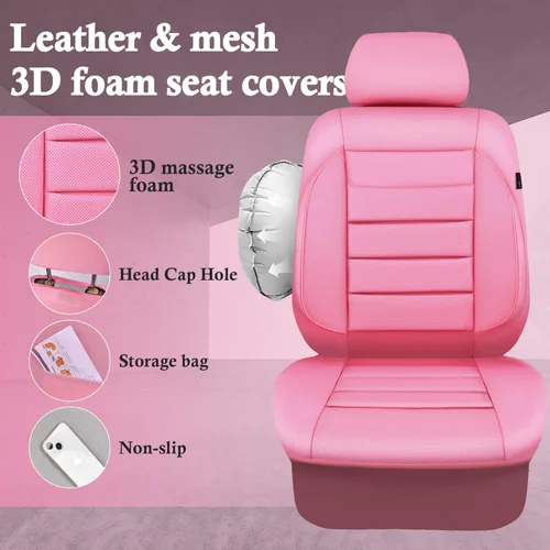 Miniatura 3 de CAR PASS Fundas de Asiento de Cuero Rosa Juego Completo Universal Resistente al Agua Soporte de Respaldo de Espuma 3D, Comodidad de Lujo Automotriz