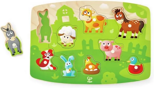 Hape Farmyard - Rompecabezas de clavijas | Juego de rompecabezas de madera de 10 piezas, juguete de aprendizaje para niños pequeños, multicolor, 5 x