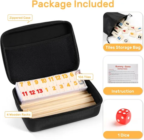 Miniatura 4 de Juego de cubo Rummy con estuche y 4 bastidores de madera/bandejas, 106 juegos de azulejos Rummy Juego de juego clásico de viaje con 4 soportes