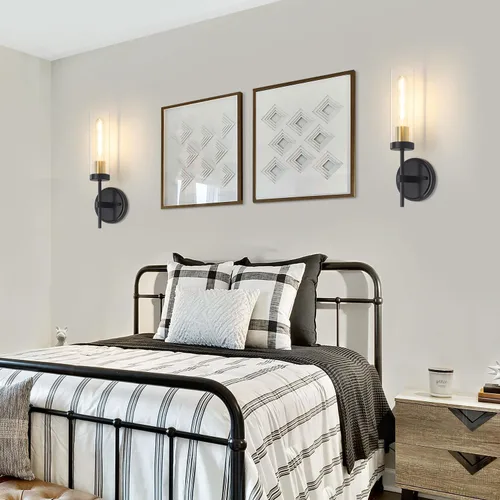 Miniatura 9 de Juego de 2 apliques de pared modernos, luces de tocador de baño negras y doradas con vidrio transparente, juego de 2 apliques de pared con cableado