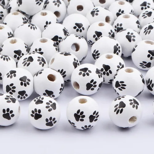 Miniatura 4 de 100 cuentas espaciadoras de madera con estampado de pata de perro de 0.63 pulgadas, cuentas redondas de huellas de perro en blanco y negro