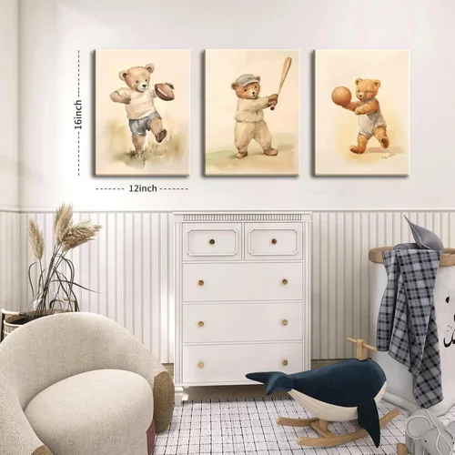 Miniatura 3 de Conjunto de 3 cuadros de arte de pared de osos de rugby deportivos para guardería – Cuadros de osos bebés vintage bonitos, pinturas, pósteres