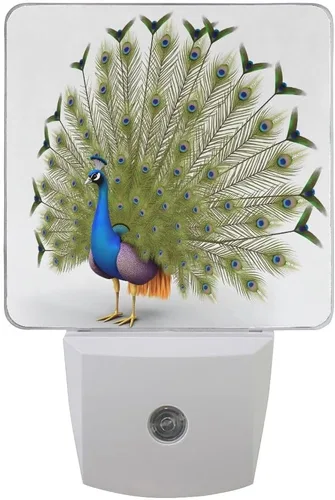 Lámpara LED de luz nocturna enchufable con impresión de pavo real azul con sensor de atardecer a amanecer para dormitorio, baño, pasillo, escaleras,