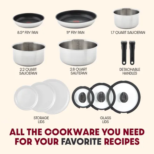 Miniatura 3 de T-fal Ingenio Expertise - Juego de utensilios de cocina de acero inoxidable de 13 piezas, inducción, apilables, juego de ollas y sartenes, RV