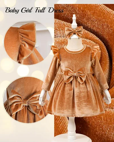 Miniatura 4 de Kucnuzki Vestido de terciopelo para niña pequeña, vestido de terciopelo sólido para niña, vestido de princesa casual para fiesta de otoño