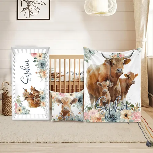 Miniatura 32 de Juego de ropa de cuna personalizado Duckbe - Diseño de oso con nombre personalizado para guardería de bebé, juego de 3 piezas - Manta suave