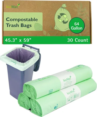 bioMat Bolsas de basura compostables de 64 galones, 30 unidades, extragrandes, parte superior plana para basura de alimentos, con certificación BPI,