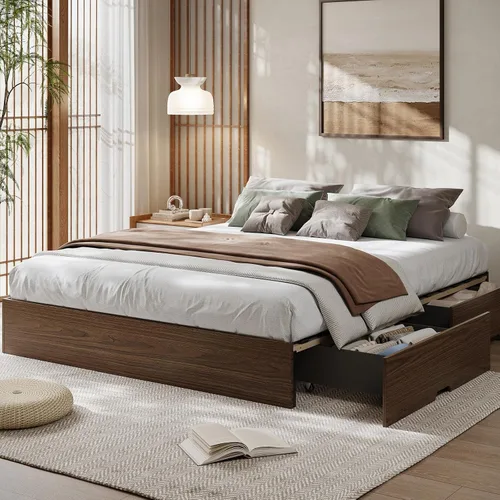 Miniatura 19 de GarveeHome - Marco de cama de plataforma de madera tamaño matrimonial, marco de cama de madera sin cabecero, soporte de listones de madera,