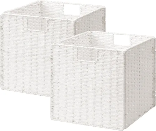 Miniatura 12 de StorageWorks Cestas de mimbre de 11 pulgadas, cubos de almacenamiento tejidos a mano con asas, cesta plegable de cuerda de papel para organizar