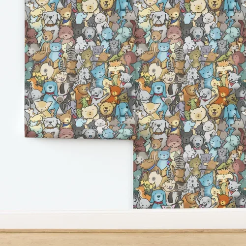 Miniatura 4 de Muestra de papel tapiz extraíble – Perros de rescate de mascotas animales lindos dibujos animados cuarto de niños gatos adoptar habitación