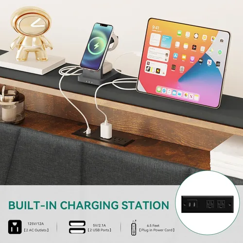 Miniatura 3 de YITAHOME Base de cama tapizada tamaño Queen, base de cama LED con cabecero de almacenamiento, cama plataforma con toma de corriente y puertos USB
